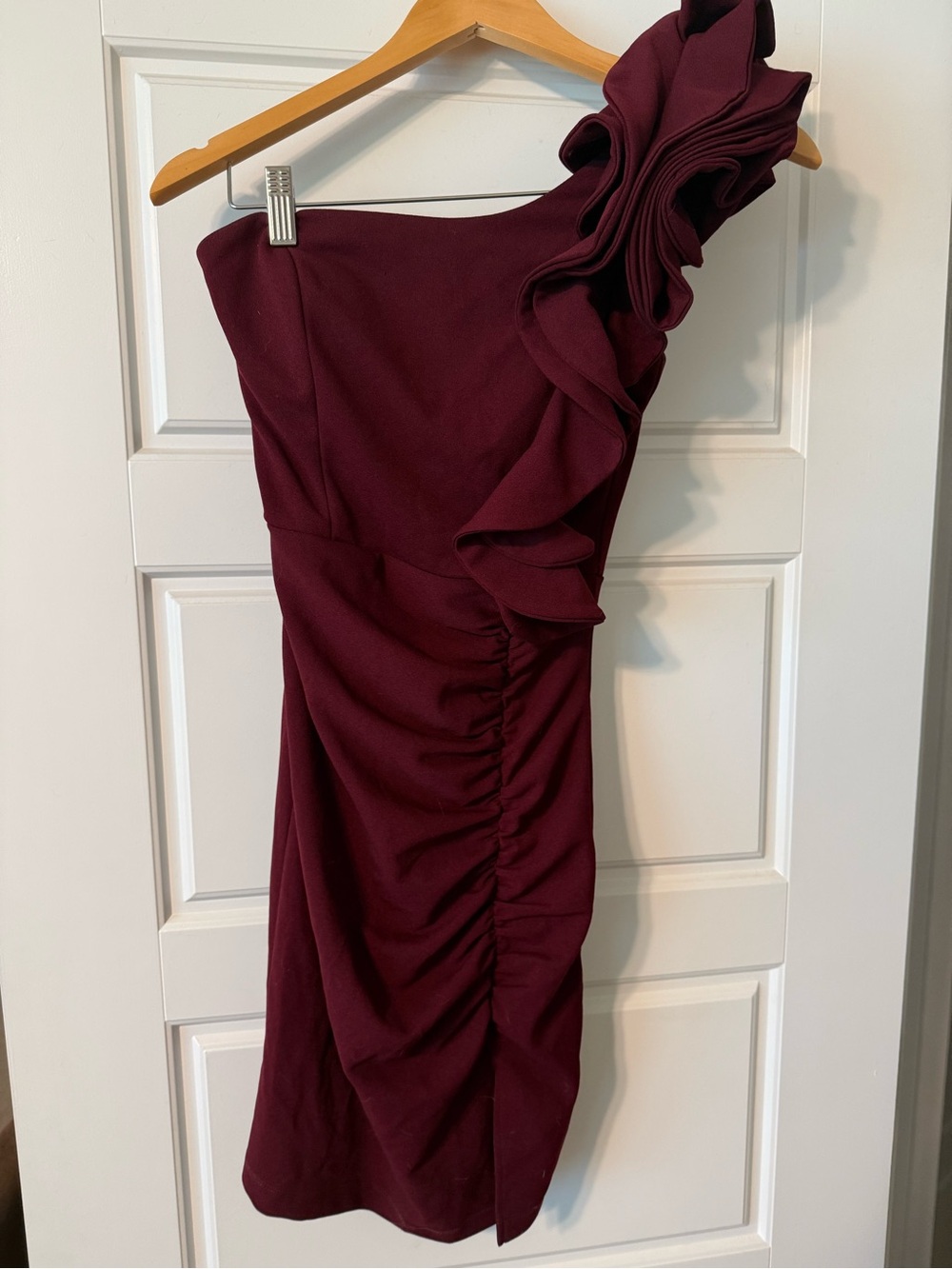 Emerald Sundae One-Shoulder Ruffle Dress in Burgundy